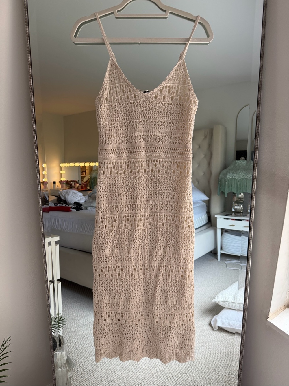Freshman Beige Crochet Midi Dress with Spaghetti Straps